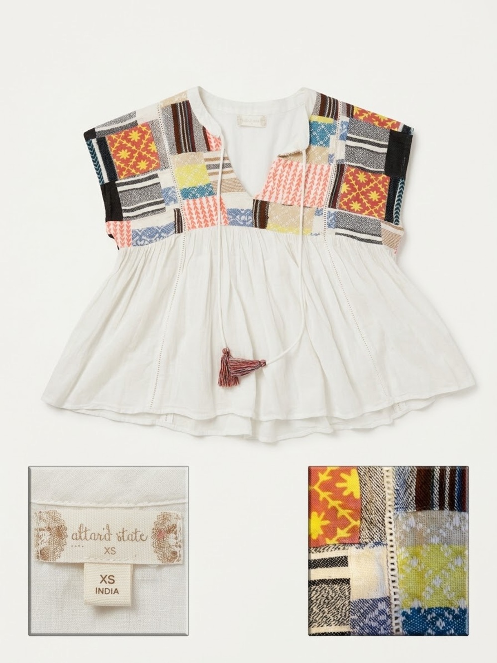 Altar'd State White Peasant Top with Multicolor Patchwork Yoke
